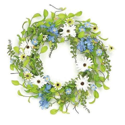 22" Decorative Blue and White Hydrangea and Wild Daisy Artificial Floral Wreath - Unlit