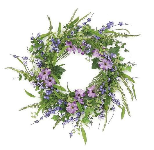 24" Decorative Purple and Green Daisy and Mixed Berry Artificial Floral Wreath - Unlit