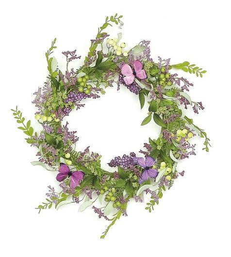 24" Decorative Purple and Green Mixed Berry and Butterfly Artificial Floral Wreath - Unlit