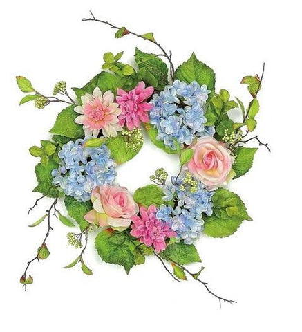 20" Decorative Blue and Pink Rose and Hydrangea Artificial Floral Wreath - Unlit