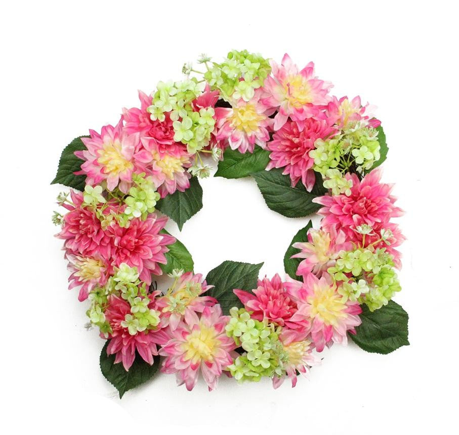 22" Decorative Pink and Green Artificial Floral Dahlia and Hydrangea Wreath - Unlit