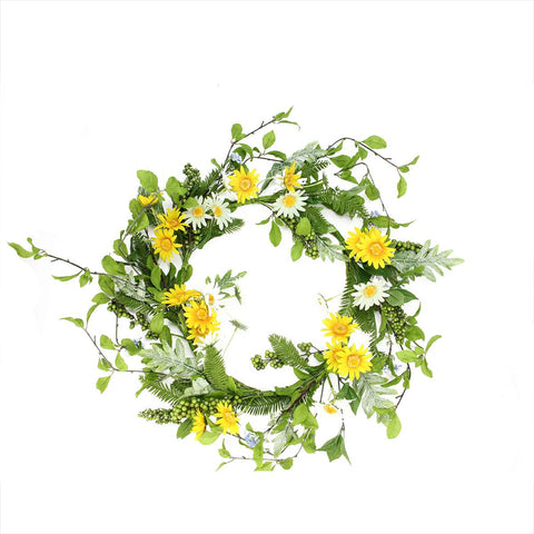 24" Decorative White and Yellow Field Daisy, Blossom and Berry Artificial Floral Wreath - Unlit