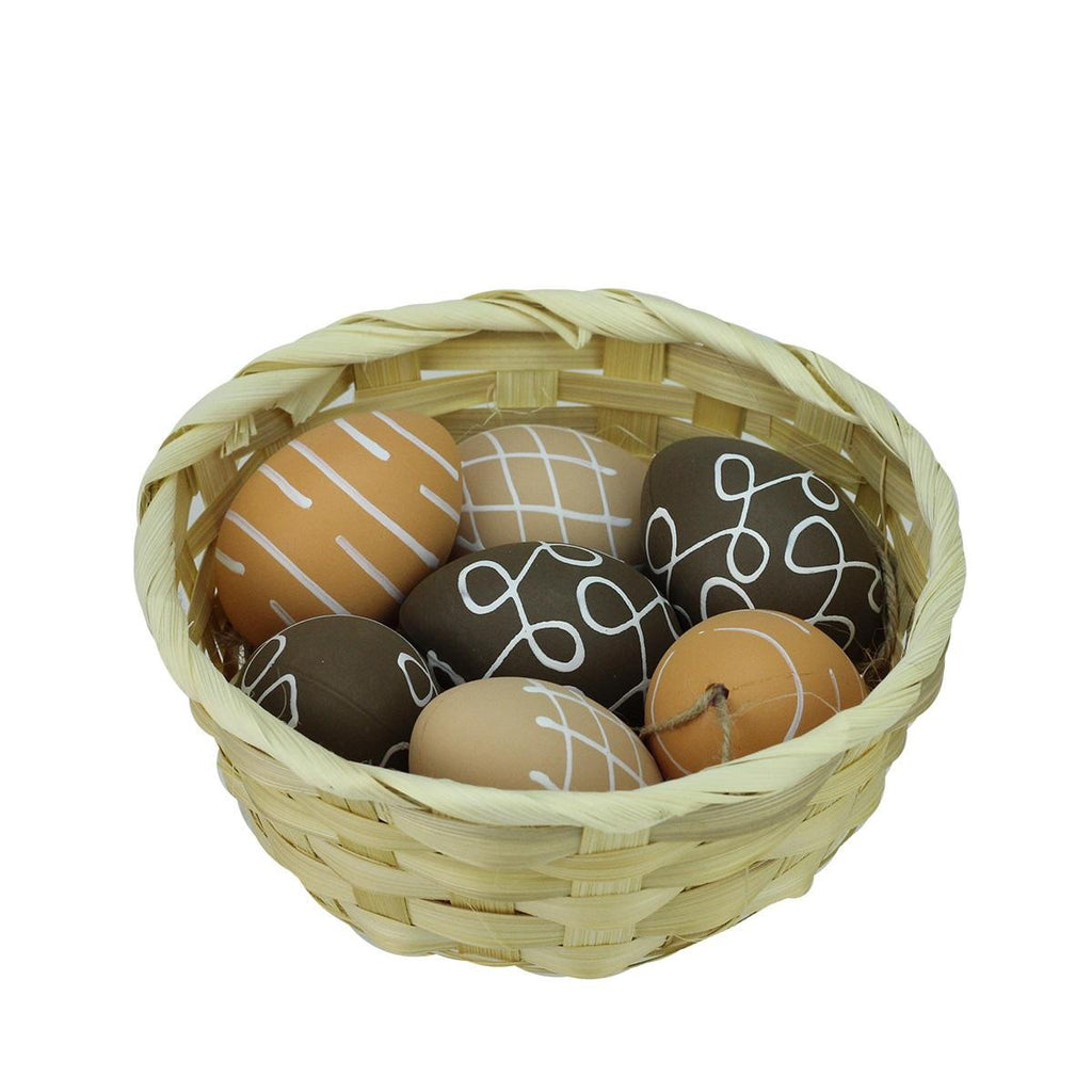 Set of 7 Natural Tone Decorative Painted Design Spring Easter Egg Ornaments 2.25"