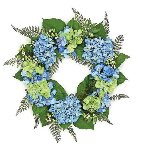 24" Decorative Blue and Green Hydrangea and Berry Artificial Floral Wreath - Unlit