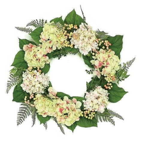 24" Decorative Pink, Cream and Green Hydrangea and Berry Artificial Floral Wreath - Unlit