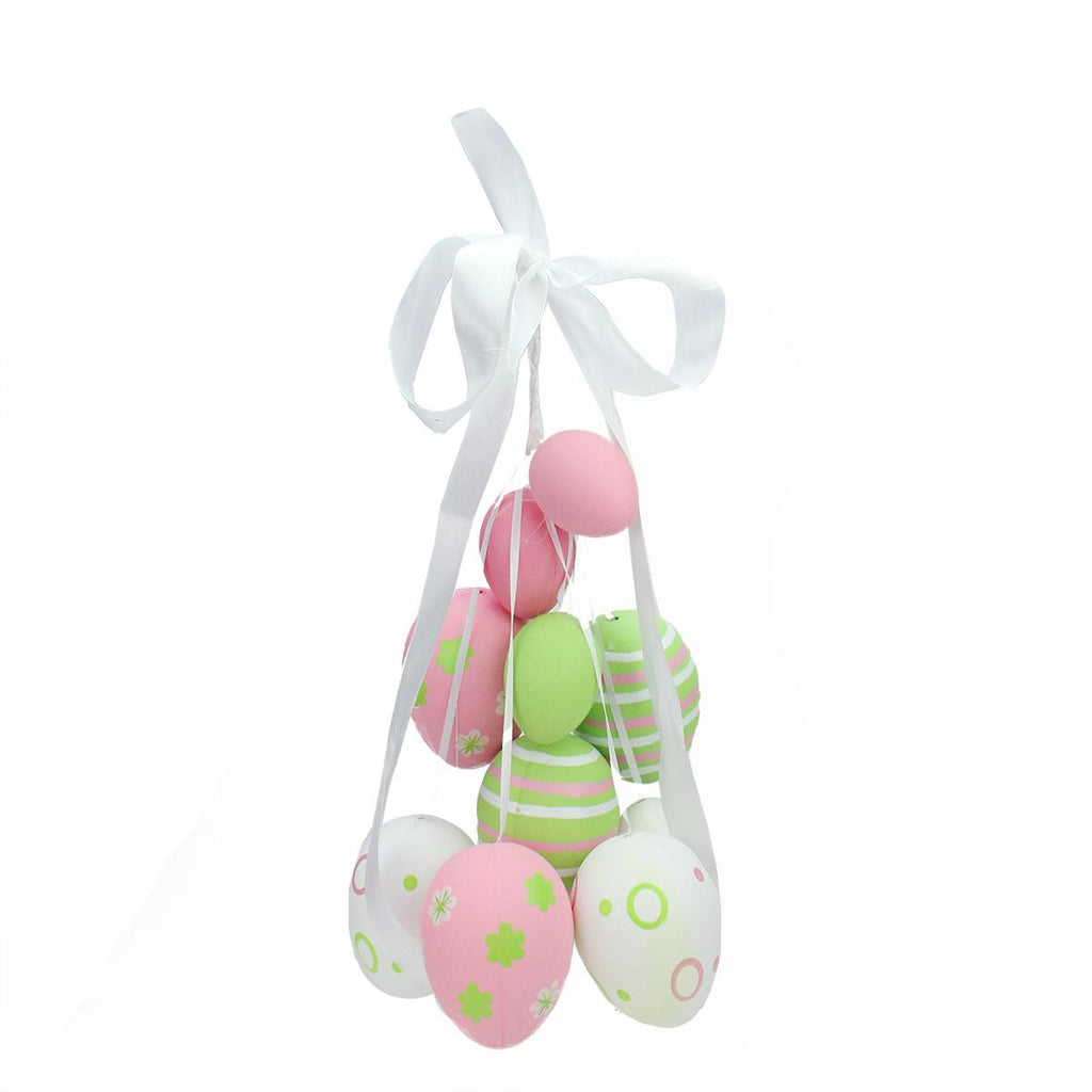 17" Pastel Pink, Green and White Floral Striped Spring Easter Egg Cluster Hanging Decoration