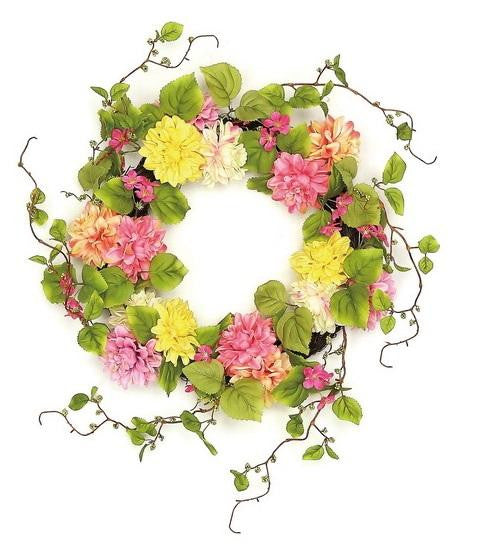 22" Decorative Pink and Yellow Mum and Wild Blossom Artificial Floral Wreath - Unlit