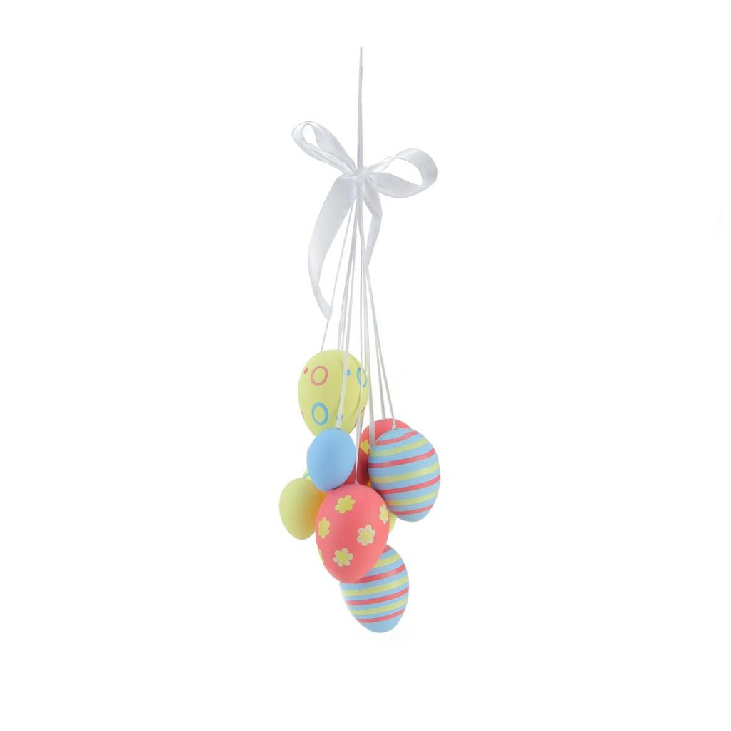 17" Pastel Yellow, Blue and Pink Floral Striped Spring Easter Egg Cluster Hanging Decoration