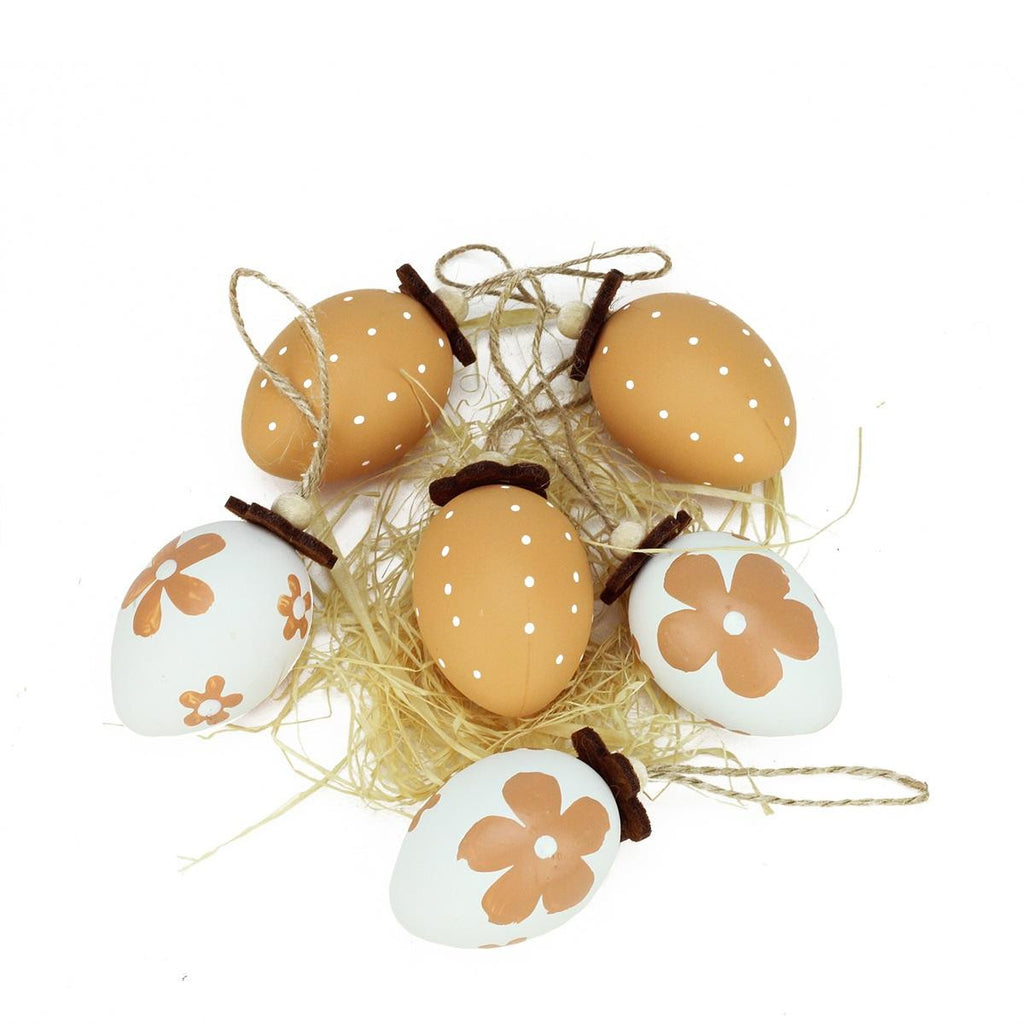 Set of 6 Natural Tone Decorative Painted Design Spring Easter Egg Ornaments 2.25"