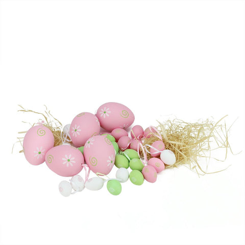 Set of 29 Pastel Pink, Green and White Painted Floral Spring Easter Egg Ornaments 3.25"