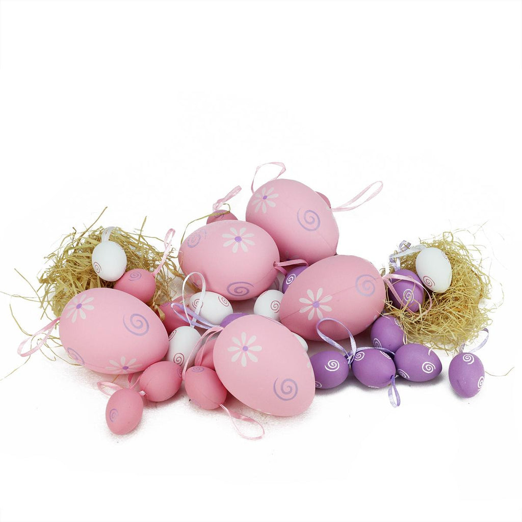 Set of 29 Pastel Pink, White and Purple Painted Floral Spring Easter Egg Ornaments 3.25"