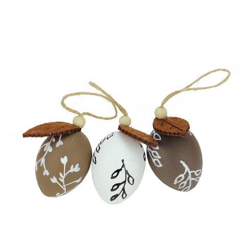 Set of 3 Brown and White Decorative Painted Design Spring Easter Egg Ornaments 2.25"