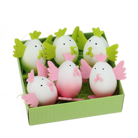 Set of 6 Pink and Green Felt Easter Egg Chicken Spring Figure Decorations 3"