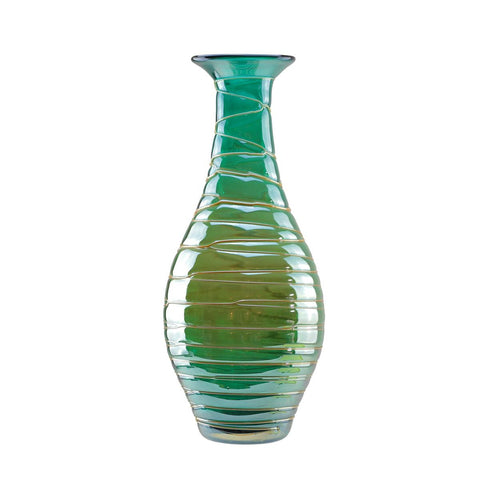 15.5" Teal Blue with Caramel Colored Swirls Hand Blown Decorative Glass Vase