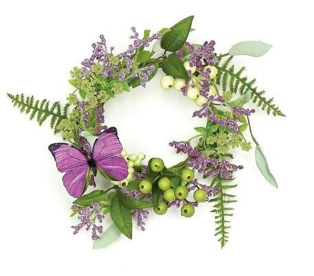 11" Decorative Purple and Green Mixed Berry and Butterfly Artificial Pillar Candle Ring