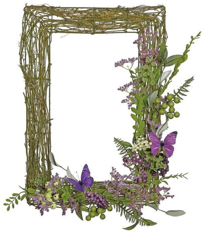 21" Decorative Purple and Green Mixed Berry and Butterfly Rectangular Artificial Wreath - Unlit