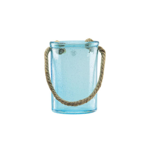 8" Transparent Azure Blue Hand Blown Bubble Glass Hurricane with Jute Handle