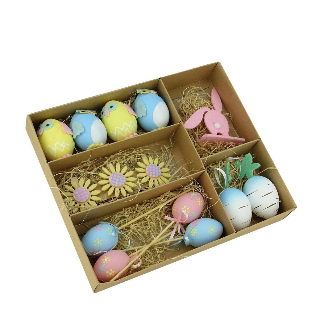 Set of 14 Pastel Pink, Blue and Yellow Easter Egg, Chicken & Bunny Spring Decorations