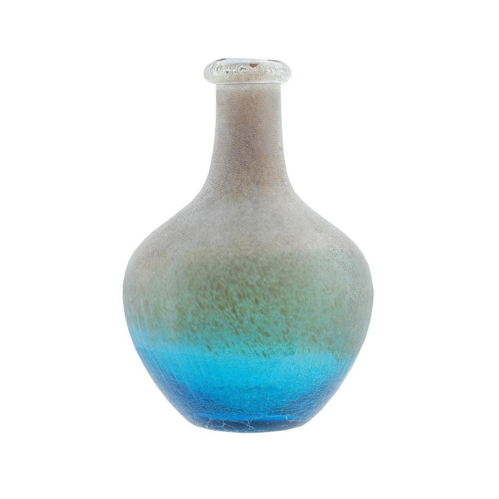 12.25" Azure Blue Crackled and Brown Frosted Hand Blown Glass Vase