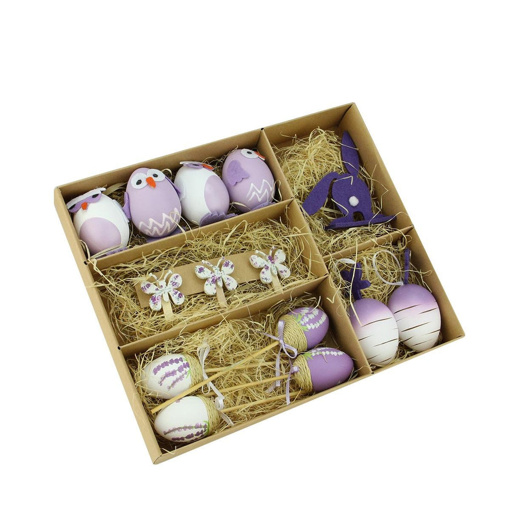 Set of 14 Purple and White Easter Egg, Chicken & Bunny Spring Decorations