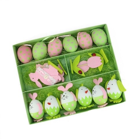 Set of 16 Pink, Green and White Easter Egg, Chicken & Bunny Spring Decorations