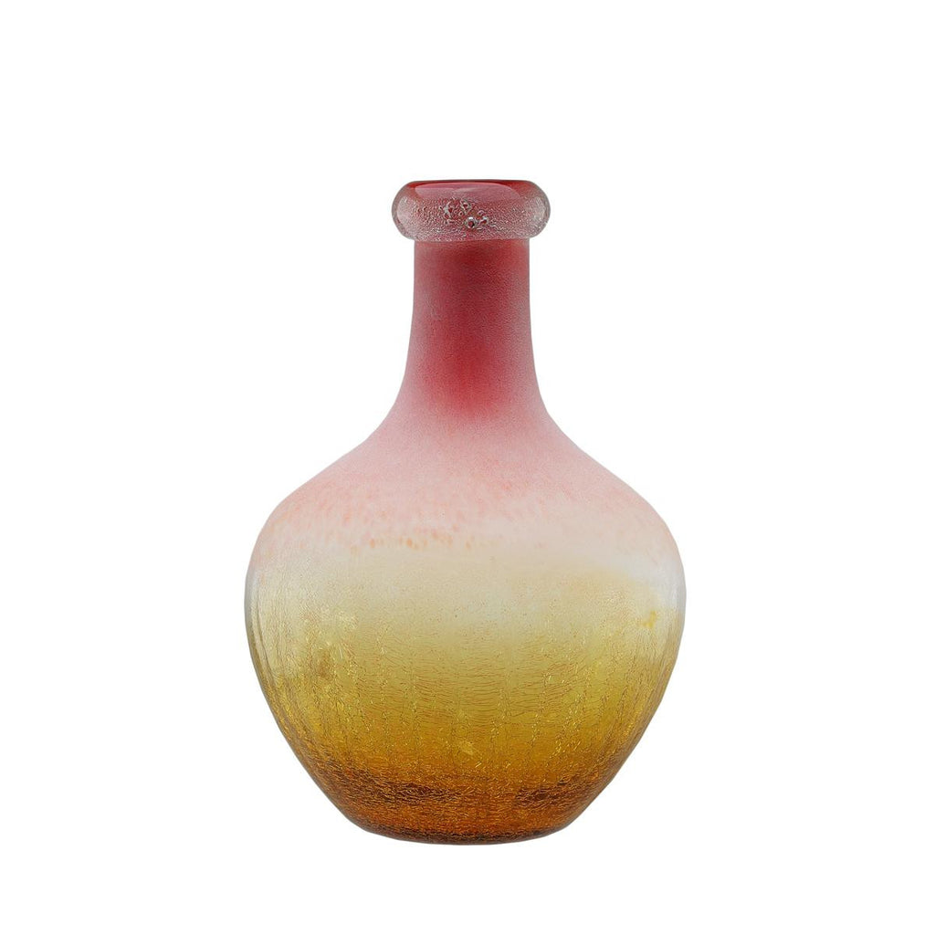 12.25" Amber Yellow Crackled and Coral Frosted Hand Blown Glass Vase