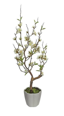 28" Cream White Artificial Ming Cherry Blossom Tree in a Pot Table Top Decoration