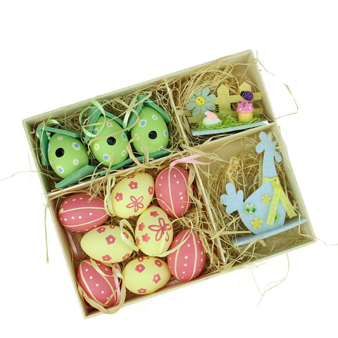 Set of 13 Pink, Blue, Green and Yellow Easter Egg, Birdhouse and Rooster Spring Decorations