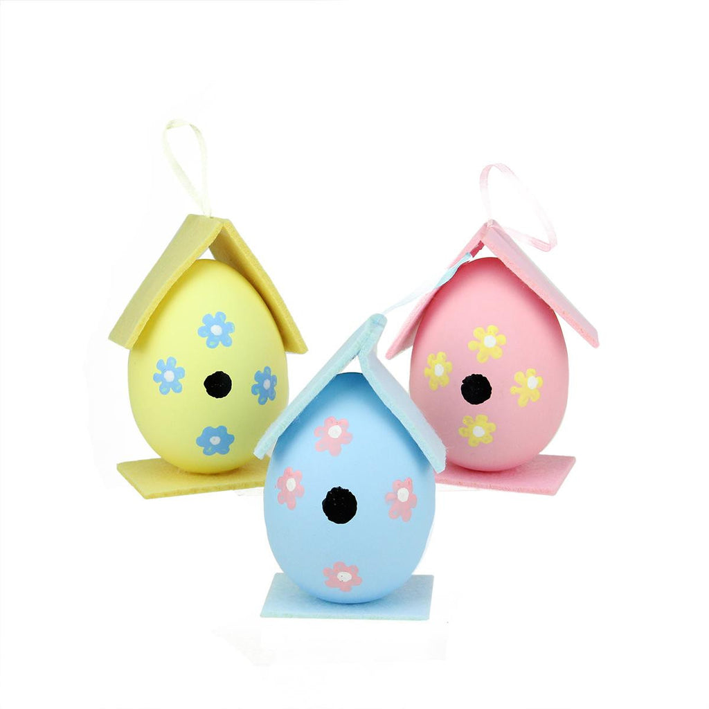 Set of 3 Pink, Yellow and Blue Decorative Painted Design Spring Easter Egg Birdhouse Ornaments 4.25"