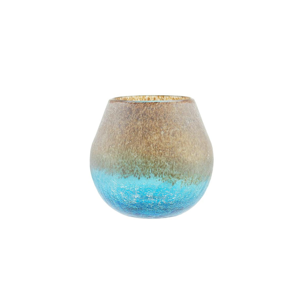 6" Azure Blue Crackled and Brown Frosted Hand Blown Decorative Glass Vase