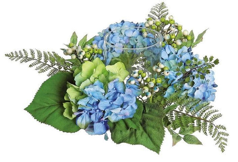 16" Decorative Artificial Blue and Green Hydrangea and Berry Hurricane Glass Candle Holder