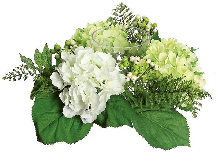 16" Decorative Artificial Cream White and Green Hydrangea and Berry Hurricane Glass Candle Holder