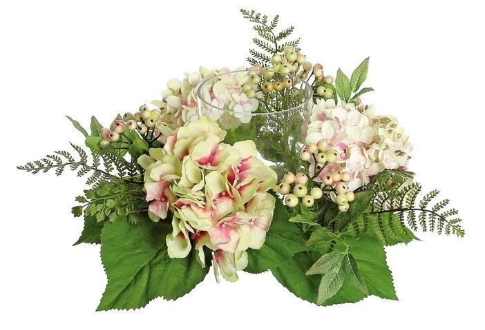 16" Decorative Artificial Pink and Green Hydrangea and Berry Hurricane Glass Candle Holder