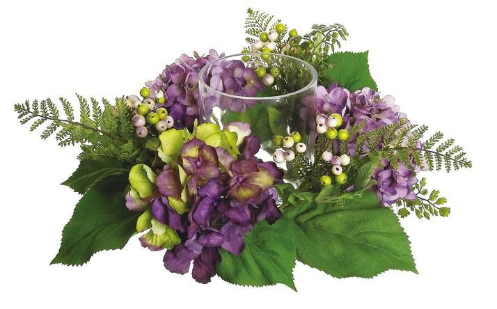 16" Decorative Artificial Purple and Green Hydrangea and Berry Hurricane Glass Candle Holder