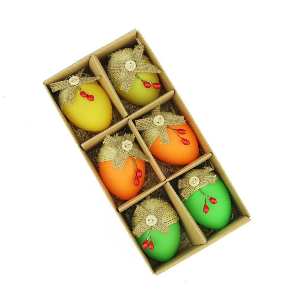 Set of 6 Bright Green, Orange and Yellow Decorative Jute Burlap Spring Easter Egg Ornaments 2.25"