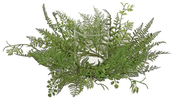 17" Decorative Artificial Mixed Green Fern Hurricane Glass Candle Holder