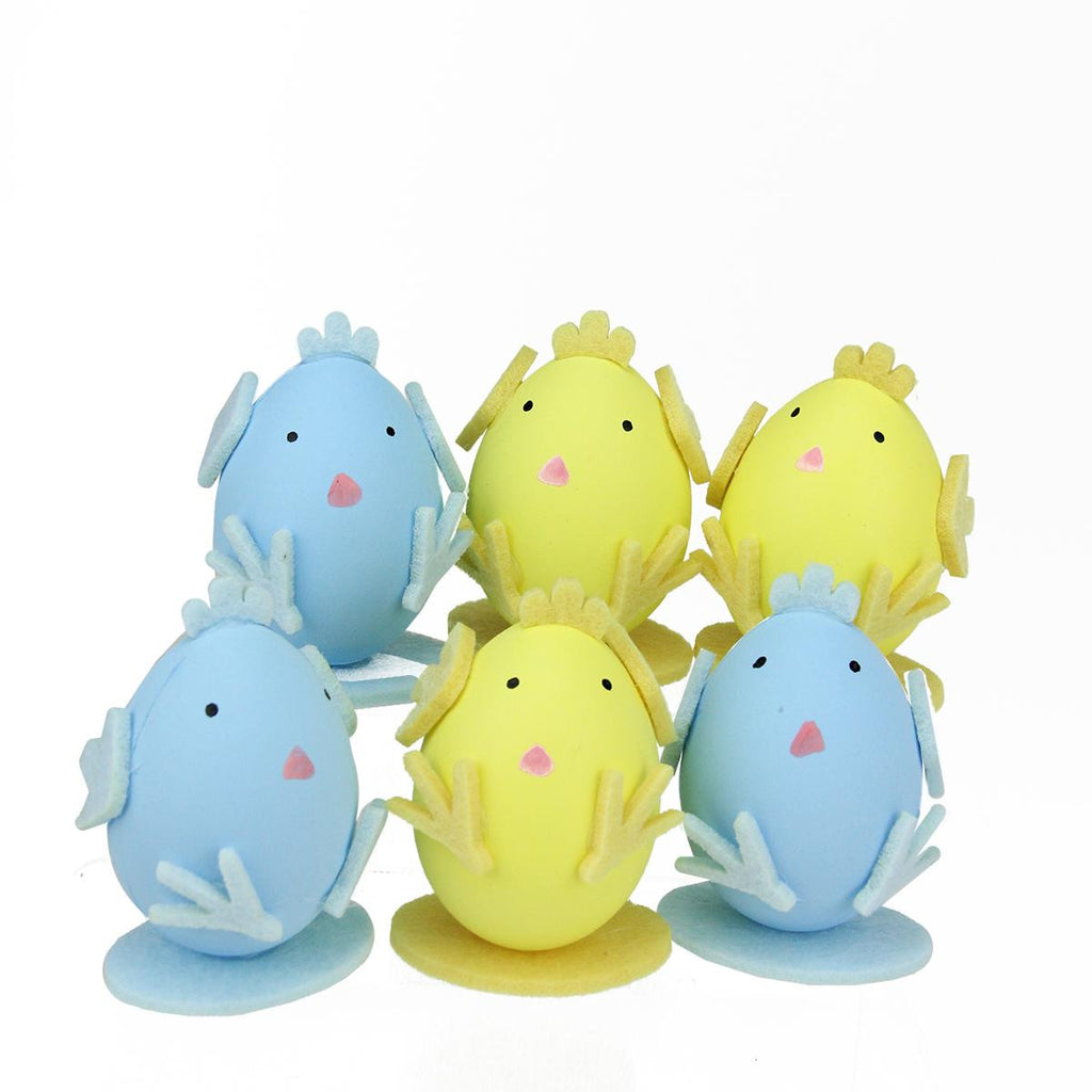 Set of 6 Yellow and Blue Felt Easter Egg Chicken Spring Figure Decorations 2.75"