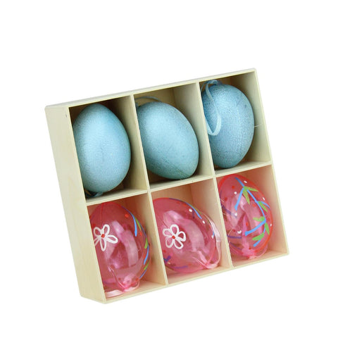 Set of 6 Blue Glitter and Transparent Pink Spring Easter Egg Ornaments 2.25"