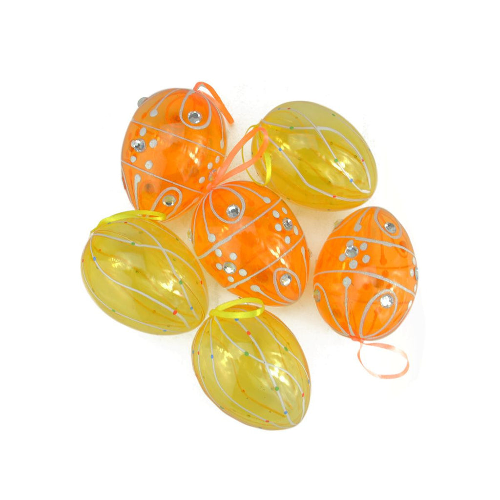 Set of 6 Transparent Yellow and Orange Glitter Gem Spring Easter Egg Ornaments 3.25"