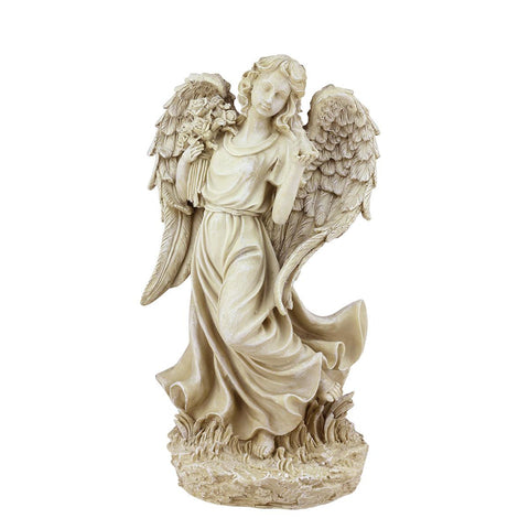 18" Heavenly Gardens Distressed Almond Brown Angel with Bird and Bouquet Outdoor Patio Garden Statue