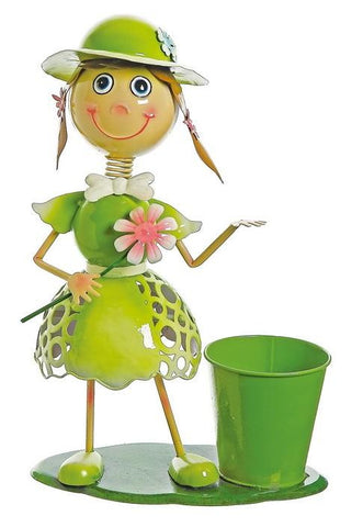 17" Lime Green Girl With Flower Decorative Spring Outdoor Garden Planter