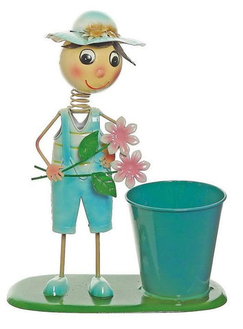 13.5" Boy With Blue Overalls and Pink Flowers Decorative Spring Outdoor Garden Planter