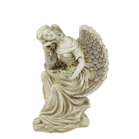 12" Heavenly Gardens Distressed Almond Brown Daydreaming Angel with Rose Outdoor Patio Garden Statue