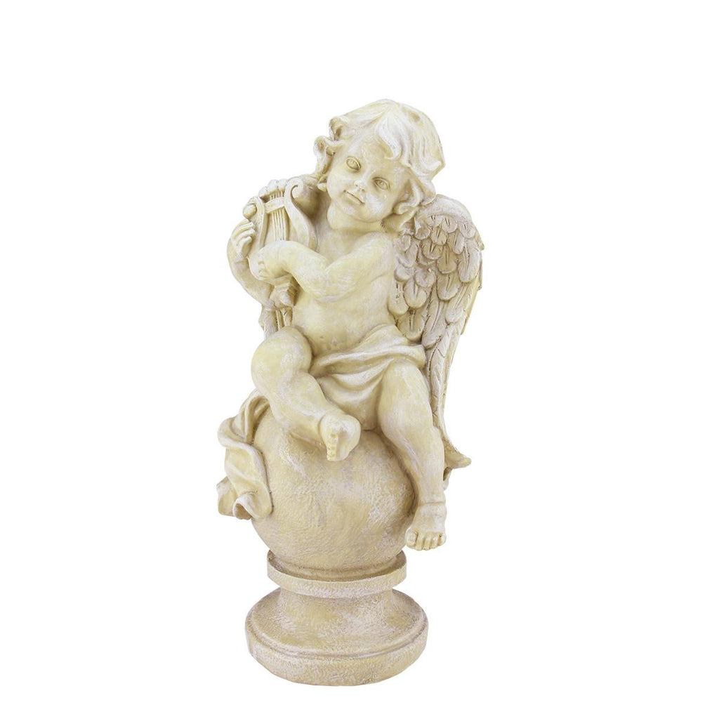 12" Heavenly Gardens Distressed Almond Brown Cherub with Lyre Outdoor Patio Garden Statue