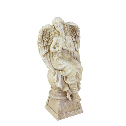 17" Heavenly Gardens Distressed Almond Brown Sitting Angel with Dove Outdoor Patio Garden Statue