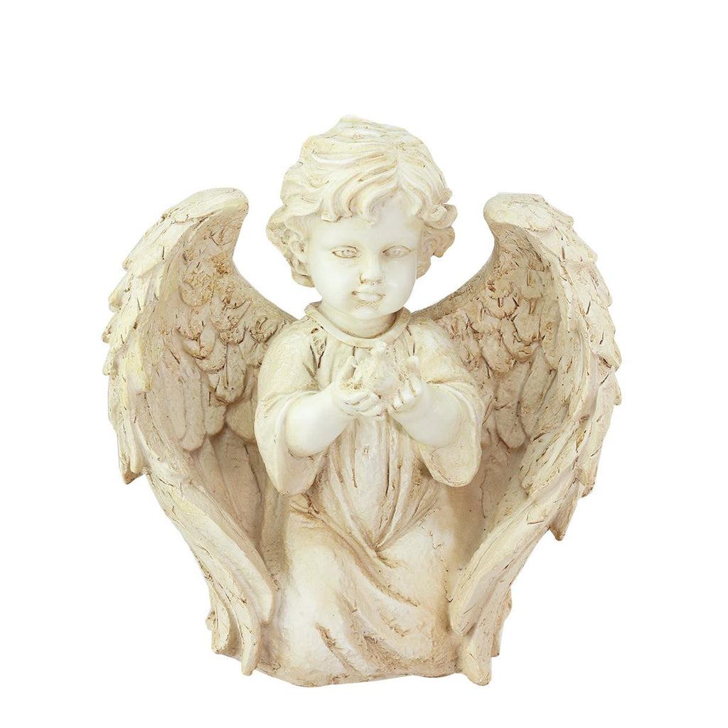 10" Heavenly Gardens Distressed Ivory Kneeling Cherub Angel with Dove Outdoor Patio Garden Statue