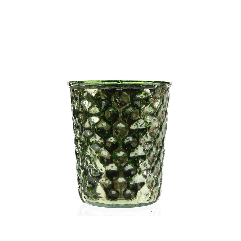 Set of 4 Green and Silver Hammered Mercury Glass Decorative Votive Candle Holders 4"