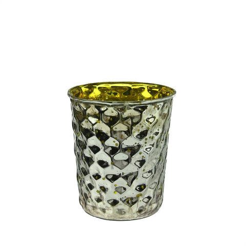 Set of 4 Yellow and Silver Hammered Mercury Glass Decorative Votive Candle Holders 4"