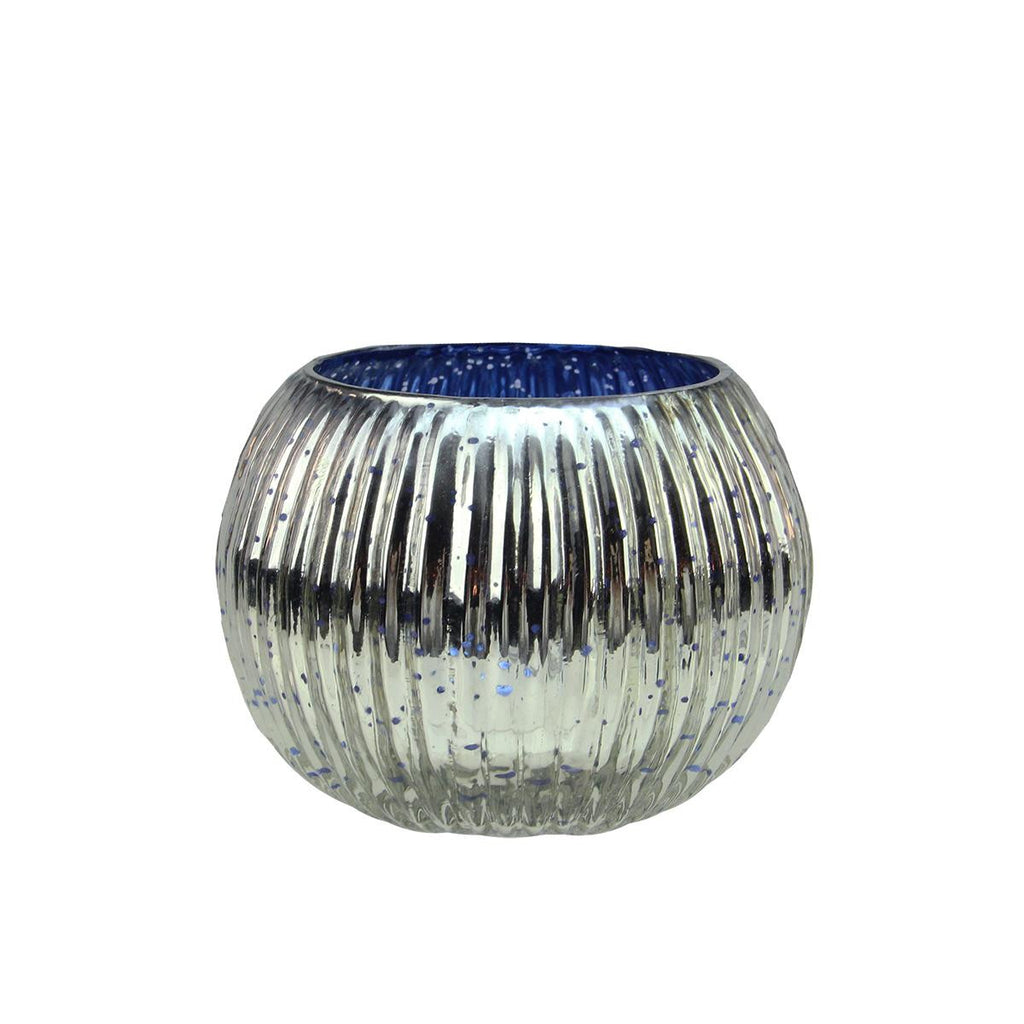 Set of 4 Blue and Silver Ribbed Round Mercury Glass Decorative Votive Candle Holders 3.25"