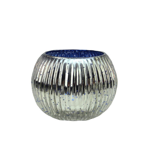 Set of 4 Blue and Silver Ribbed Round Mercury Glass Decorative Votive Candle Holders 3.25"